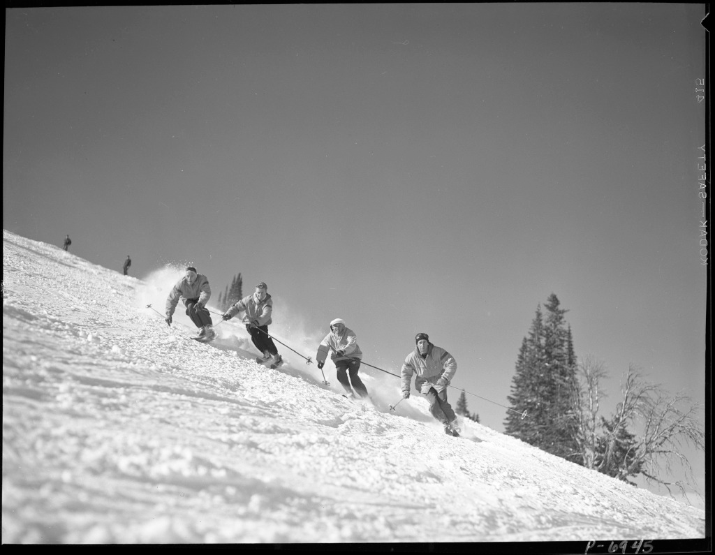 Jack Reddish, Stein Eriksen, Sigi Engl, Christian Pravda at Baldy. 
